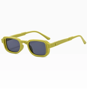 Side view detail of retro rectangular sunglasses with olive green frame and gray lenses