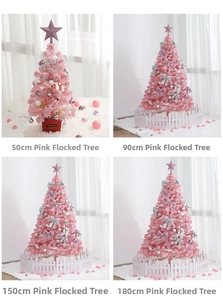 Pink flocked Christmas trees in 50cm to 180cm sizes with star toppers and ornaments