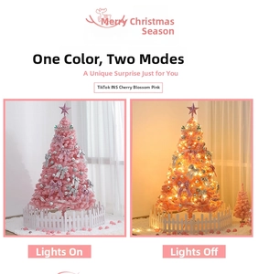 Comparison of pink Christmas tree with LED lights and decorations in day and night modes