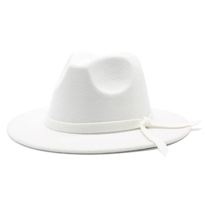 Classic white wide brim wool fedora hat with matching ribbon bow for men and women
