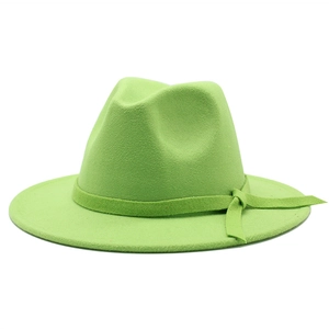 Classic bright grass green wool felt fedora hat with flat brim and matching ribbon band