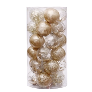 30pcs 6cm Gold Christmas ball ornaments set in a clear cylinder for holiday tree decoration
