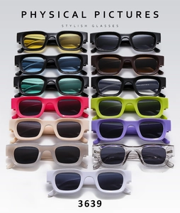 Flat lay display of rectangular thick frame sunglasses in ten various fashion colors
