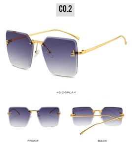 Mehrfachansicht der randlosen Sonnenbrille mit lila Farbverlauf und goldenen Metallbügeln