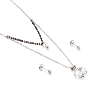 Double-layered stainless steel necklace with faceted crystal pendant and pearl bead set