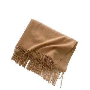 Camel soft cashmere-feel scarf with tassels, cozy winter wrap shawl on white background