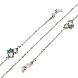 Silver eyewear chain featuring heart-shaped charms with colorful beads and silicone loops