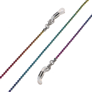 Rainbow metal bead eyewear chain with non-slip silicone loops for glasses on white background