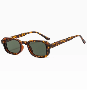 Detail of vintage leopard print square sunglasses frame and premium dark green lenses