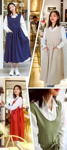 Detailed four-panel view showing blue, beige, red and green cotton aprons with pockets