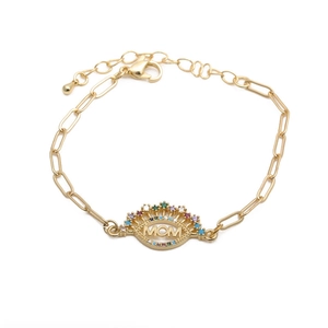 MOM Letter Bracelet For Women Copper Paperclip Chain With Colorful Cubic Zirconia Adjustable Hip Hop Jewelry Gift