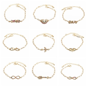 9pcs gold Cuban bracelets set with colorful micro-paved zircons in various motifs