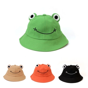 Cute Frog Bucket Hat Cotton Canvas With 3D Eyes Embroidered Smile Sun Protection Parent-Child Adult Kids Novelty