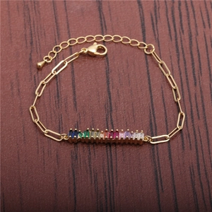 Hip hop style gold bracelet with colorful baguette cubic zirconia and paperclip chain links