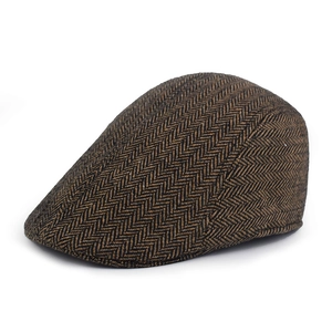 Classic herringbone flat cap for men and women in vintage brown and black wool fabric