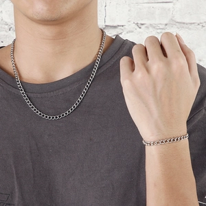 Hip hop style silver stainless steel Cuban link necklace and bracelet set for men