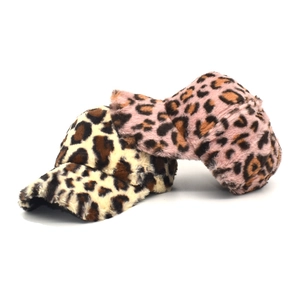 Plush leopard print baseball caps for winter in beige and pink faux fur textures
