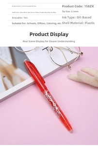Detail view of 0.5mm erasable gel pen with red barrel and specialized eraser tip