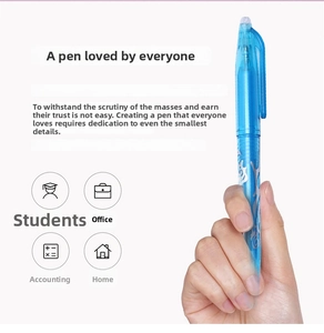 Blue translucent retractable erasable gel pen shown in hand for size and grip detail