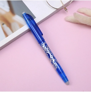 Close-up of a 0.5mm blue erasable gel pen with silver decorative patterns and friction tip
