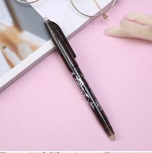 Close-up of a black erasable gel pen with silver motifs on a pink lifestyle background