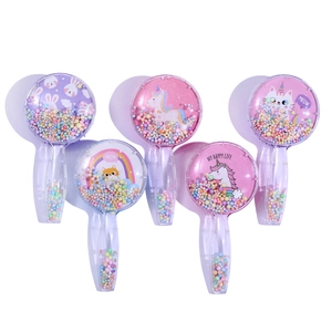 Macro detail of five cute cartoon animal liquid glitter mirrors for girls in pastel colors