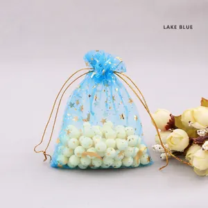 Lake Blue organza gift bag with gold star and moon patterns for jewelry packaging