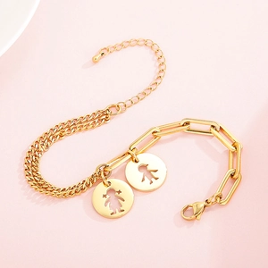 Golden titanium steel bracelet with boy and girl pendants on mixed Cuban and paperclip links