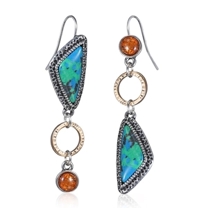 Bohemian geometric turquoise and amber dangle earrings in vintage silver setting