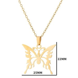 Minimalist gold butterfly necklace with hollow design pendant measuring 25mm by 22mm