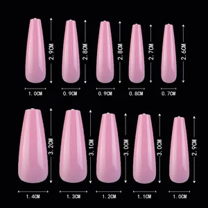 Size guide for white coffin press-on nails showing detailed width and length dimensions