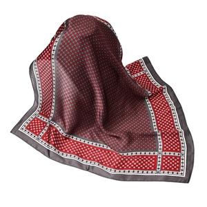 Elegant 70cm geometric square silk scarf with red, grey, and white checkered patterns