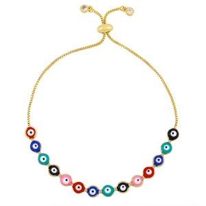 Bohemian evil eye adjustable gold bracelet with colorful enamel beads for women