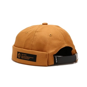 Retro mustard yellow canvas miki hat with side patch and adjustable leather back strap