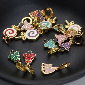 Green and colorful enamel charms set with brass gold plating for DIY bracelets making