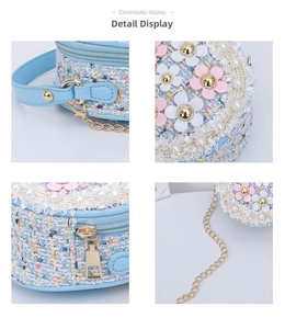 Detail of light blue tweed round bag with 3D floral accents and pearl embellishments
