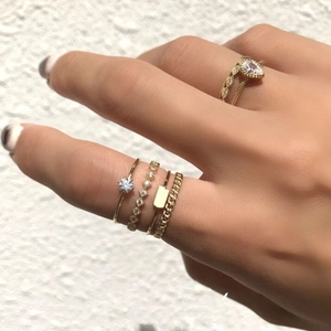 Minimalist double-layered chain ring set in 18K gold finish with sparkling zircons