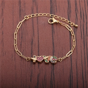 Hip Hop gold chain bracelet with LOVE lettering and colorful zircon angel wings decor