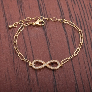 Adjustable golden infinity charm paperclip bracelet with shimmering zircon micro-inlay