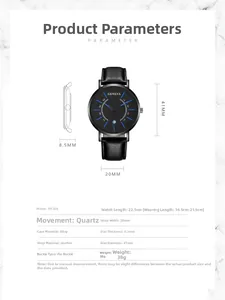Detailed size specifications for Geneva quartz watch with black leather strap and alloy case