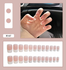 Detailed set of pink and white French tip press-on nails in style R147 with 24 pieces