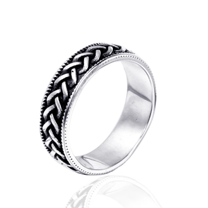 Vintage Viking woven pattern ring in oxidized silver steel for men, 45-degree angle view