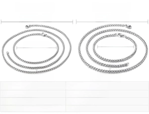 Size chart for stainless steel wheat chain necklace and bracelet sets with dimensions
