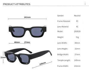 Detailed size chart for retro square sunglasses with frame width and lens measurements