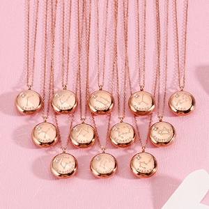 Zodiac Constellation Pendant Necklace Rose Gold Plated Stainless Steel Round Disk Rhinestone Minimalist Jewelry Women