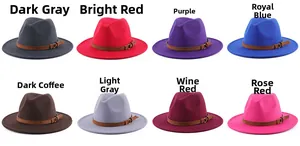 Multi-color wide brim wool fedora hats with faux leather bands and buckle details