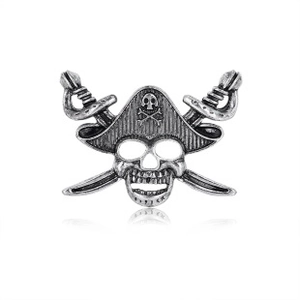 Detailed relief of vintage silver pirate skull brooch with crossbones and swords