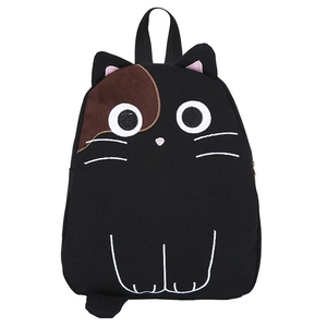Cute black cat canvas backpack with white embroidery details and round shape for kids