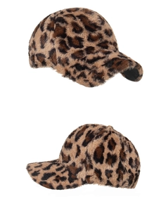 Detail of plush leopard print baseball caps with soft faux fur texture and curved brim
