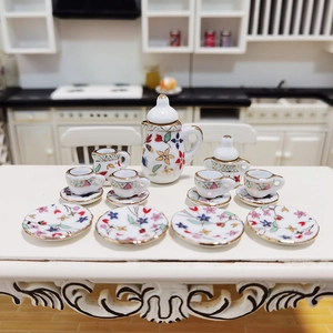 Miniature Ceramic Tea Set Scale Model Floral Pattern Dollhouse Accessories Pretend Play Kitchen Toy For Kids